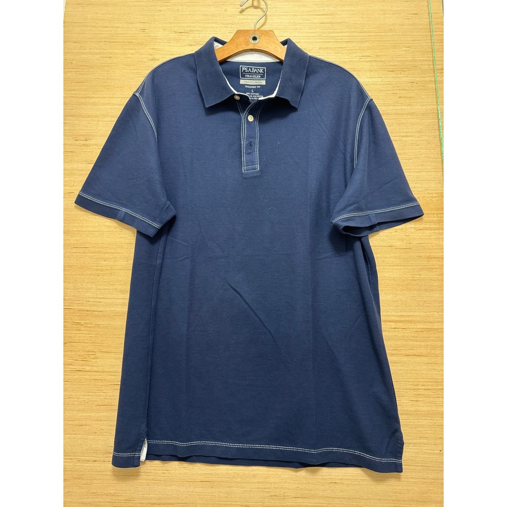 JOS A BANK Traveler Travel Tech Polo Shirt Mens L Tailored Fit Short Sleeve Blue